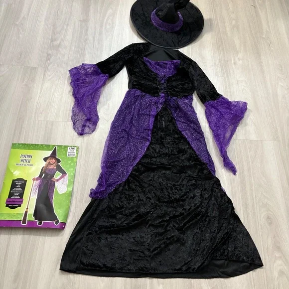 Potion Witch Girls Costume Halloween Black Purple Kids Junior Size Small Hat - Picture 2 of 10